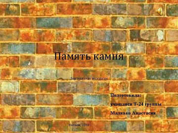 Память камня Виртуальная экскурсия Подготовила: учащаяся Т-24 группы Малявко Анастасия Несвиж, 2013 