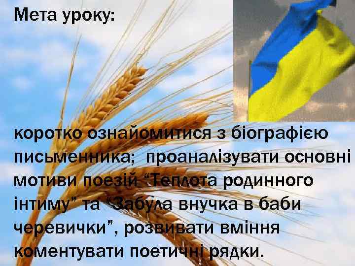 Мета уроку: коротко ознайомитися з біографією письменника; проаналізувати основні мотиви поезій “Теплота родинного інтиму”