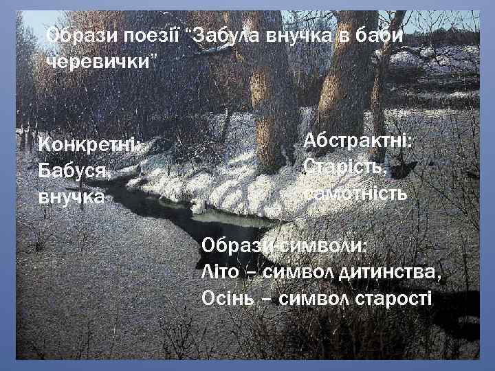 Образи поезії “Забула внучка в баби черевички” Конкретні: Бабуся, внучка Абстрактні: Старість, самотність Образи-символи: