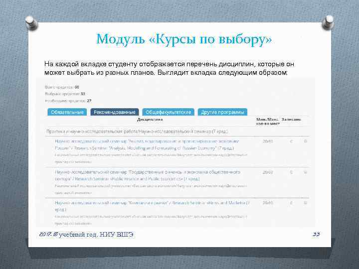 Модуль «Курсы по выбору» На каждой вкладке студенту отображается перечень дисциплин, которые он может