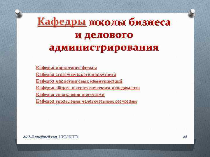 Кафедры школы бизнеса и делового администрирования Кафедра маркетинга фирмы Кафедра стратегического маркетинга Кафедра маркетинговых