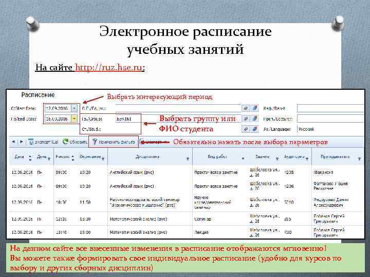 Электронное расписание учебных занятий На сайте http: //ruz. hse. ru: Выбрать интересующий период Выбрать