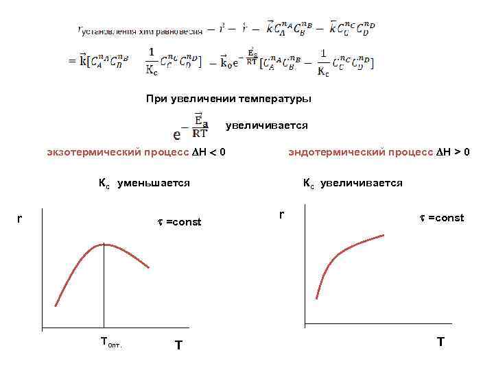 При увеличении температуры увеличивается экзотермический процесс Н 0 эндотермический процесс Н > 0 Кс