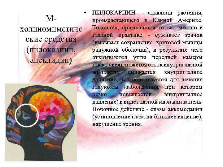 • ПИЛОКАРПИН алкалоид растения, М произрастающего в Южной Америке. холиномиметиче Токсичен, применяется только