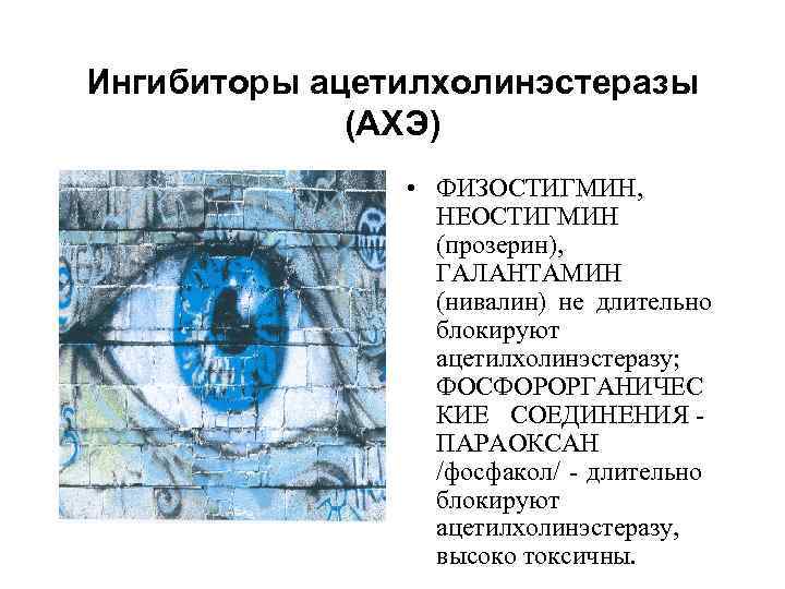 Ингибиторы ацетилхолинэстеразы (АХЭ) • ФИЗОСТИГМИН, НЕОСТИГМИН (прозерин), ГАЛАНТАМИН (нивалин) не длительно блокируют ацетилхолинэстеразу; ФОСФОРОРГАНИЧЕС