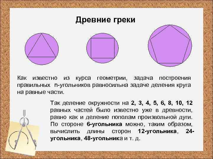 Древние греки Как известно из курса геометрии, задача построения правильных n-угольников равносильна задаче деления