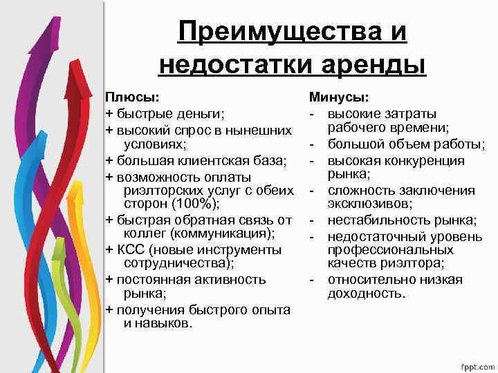 Преимущества и недостатки аренды Плюсы: + быстрые деньги; + высокий спрос в нынешних условиях;