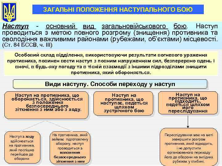 ЗАГАЛЬНІ ПОЛОЖЕННЯ НАСТУПАЛЬНОГО БОЮ Наступ - основний вид загальновійськового бою. Наступ проводиться з метою