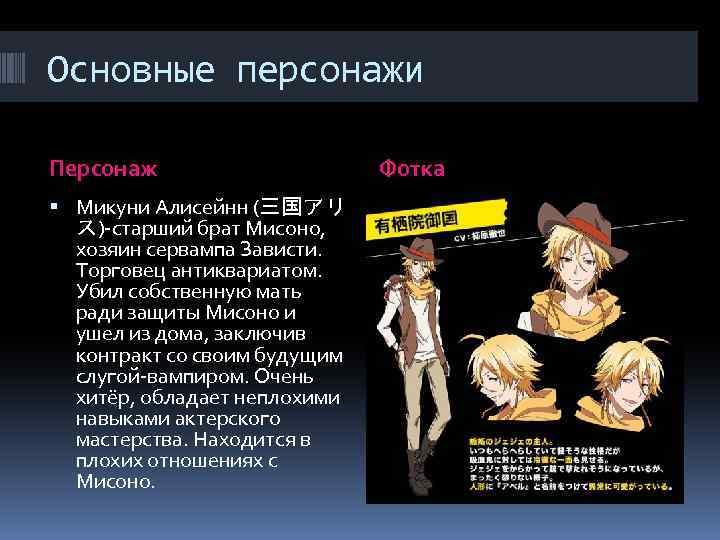 Основные персонажи Персонаж Микуни Алисейнн (三国アリ ス)-старший брат Мисоно, хозяин сервампа Зависти. Торговец антиквариатом.