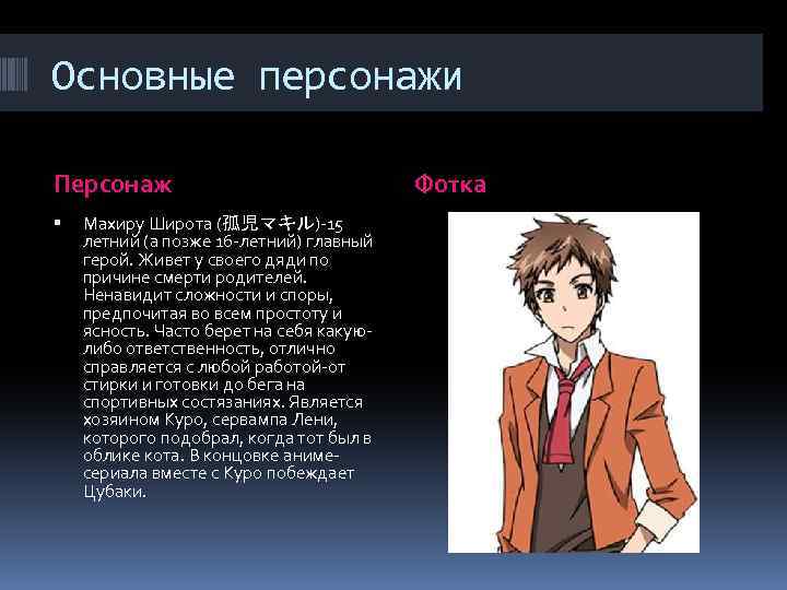 Основные персонажи Персонаж Махиру Широта (孤児マキル)-15 летний (а позже 16 -летний) главный герой. Живет