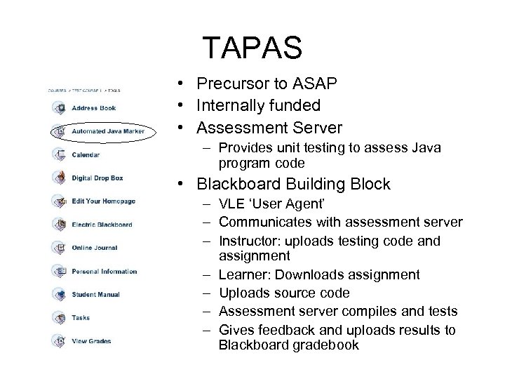 TAPAS • Precursor to ASAP • Internally funded • Assessment Server – Provides unit