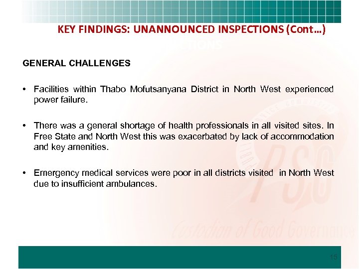 …KKEY FINDINGS: UNANNOUNCED INSPECTIONS (Cont…) INSPECTIONS GENERAL CHALLENGES • Facilities within Thabo Mofutsanyana District