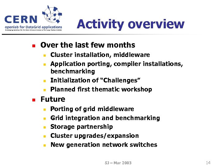 Activity overview n Over the last few months n n n Cluster installation, middleware