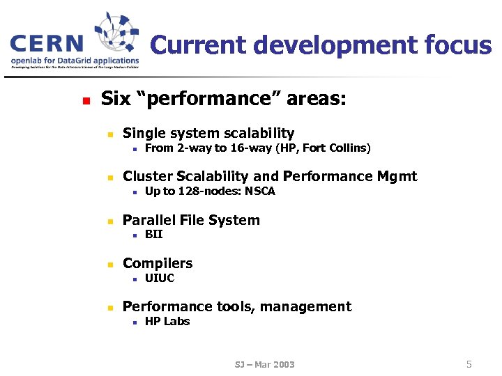 Current development focus n Six “performance” areas: n Single system scalability n n Cluster