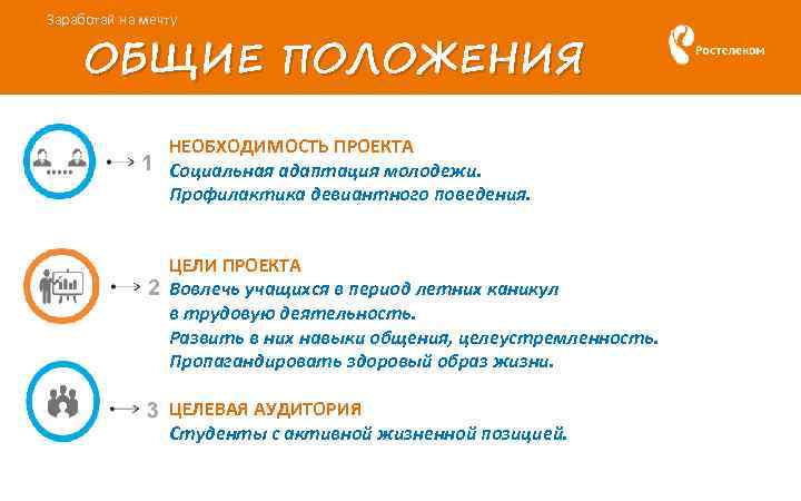 Заработай на мечту ОБЩИЕ ПОЛОЖЕНИЯ НЕОБХОДИМОСТЬ ПРОЕКТА 1 Социальная адаптация молодежи. Профилактика девиантного поведения.