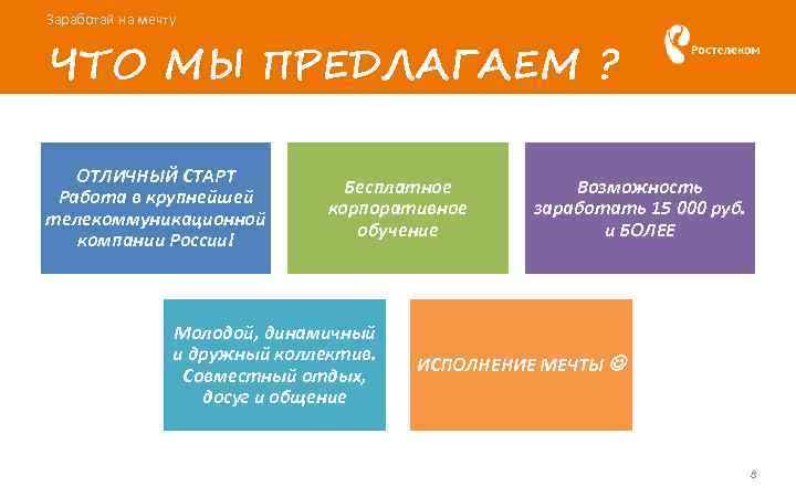 Заработай на мечту ЧТО МЫ ПРЕДЛАГАЕМ ? ОТЛИЧНЫЙ СТАРТ Работа в крупнейшей телекоммуникационной компании