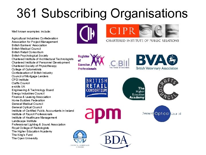 361 Subscribing Organisations Well known examples: include: Agricultural Industries Confederation Association for Project Management