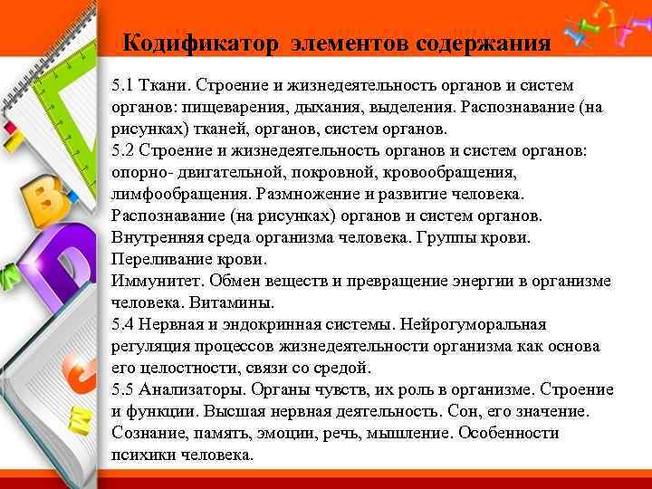 Кодификатор элементов содержания 5. 1 Ткани. Строение и жизнедеятельность органов и систем органов: пищеварения,