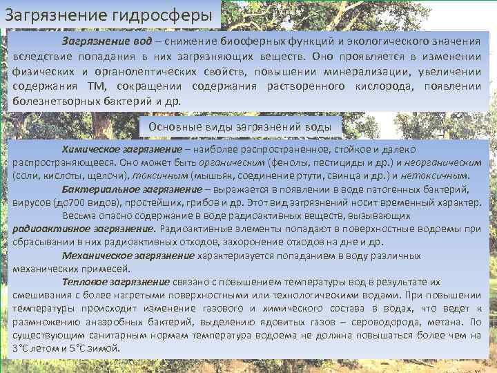 Загрязнение гидросферы Загрязнение вод – снижение биосферных функций и экологического значения вследствие попадания в