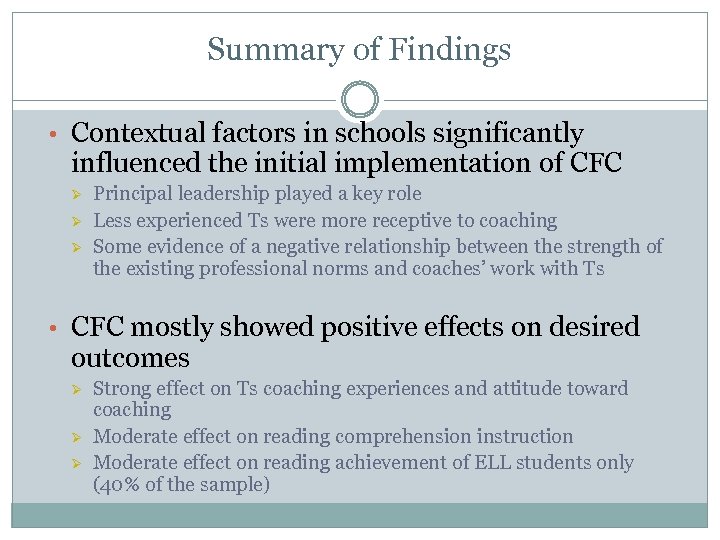 Summary of Findings • Contextual factors in schools significantly influenced the initial implementation of