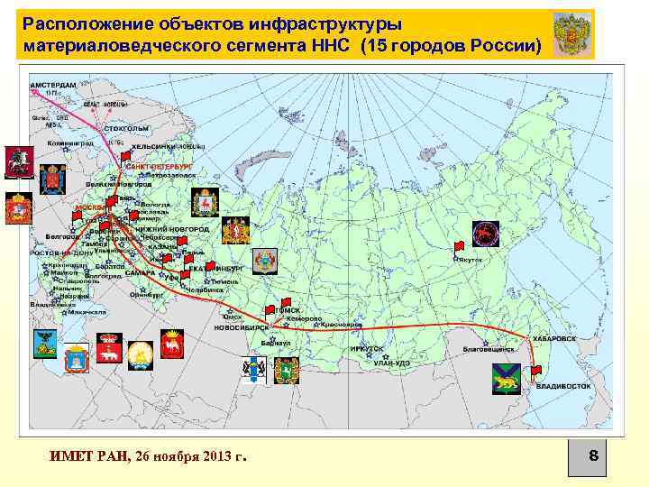 Расположение объектов инфраструктуры материаловедческого сегмента ННС (15 городов России) ИМЕТ РАН, 26 ноября 2013