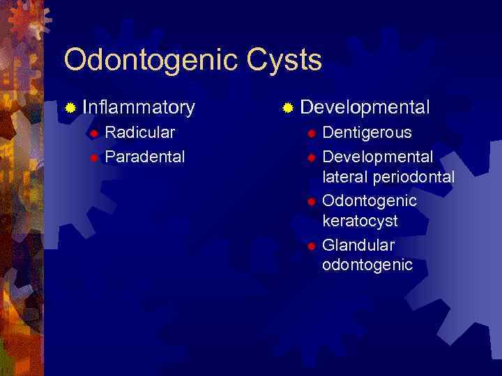 Odontogenic Cysts ® Inflammatory Radicular ® Paradental ® ® Developmental Dentigerous ® Developmental lateral