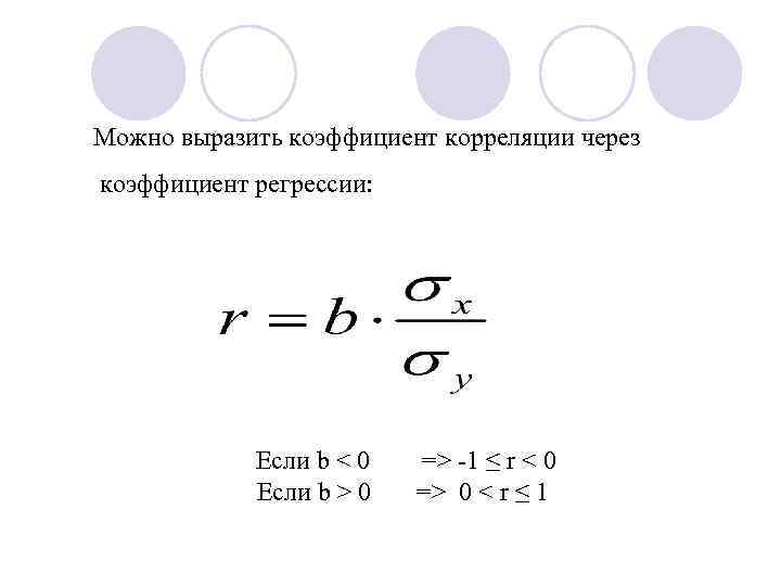 Можно выразить коэффициент корреляции через коэффициент регрессии: Если b < 0 Если b >