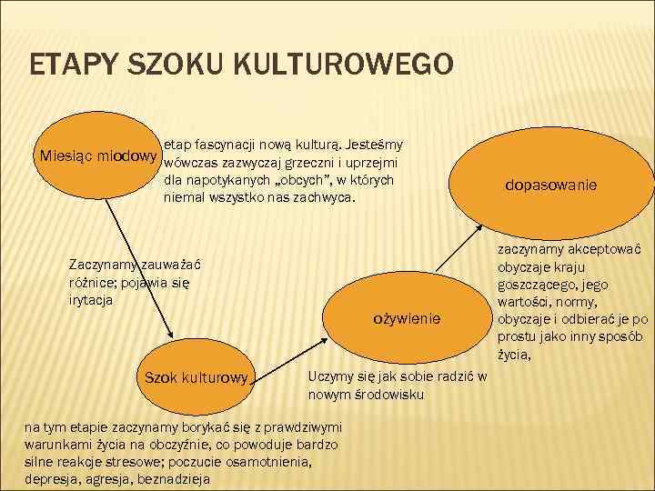 ETAPY SZOKU KULTUROWEGO etap fascynacji nową kulturą. Jesteśmy Miesiąc miodowy wówczas zazwyczaj grzeczni i