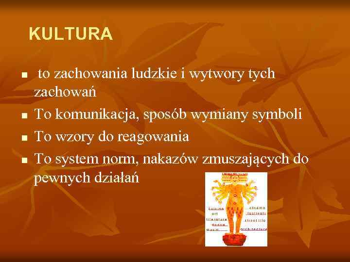 KULTURA n n to zachowania ludzkie i wytwory tych zachowań To komunikacja, sposób wymiany