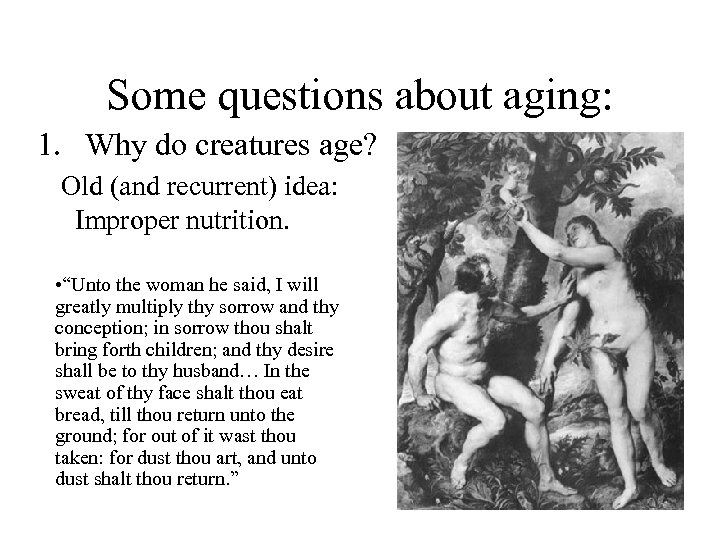 Some questions about aging: 1. Why do creatures age? Old (and recurrent) idea: Improper