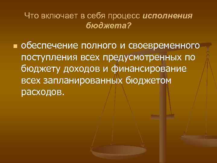 Что включает в себя процесс исполнения бюджета? n обеспечение полного и своевременного поступления всех