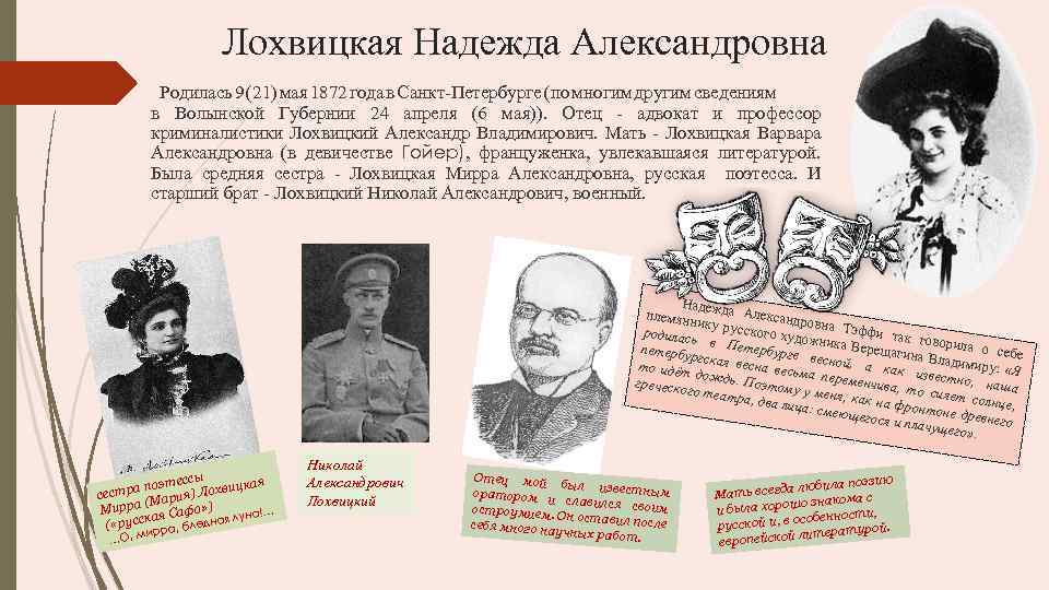 Лохвицкая Надежда Александровна Родилась 9 (21) мая 1872 года в Санкт-Петербурге (по многим другим