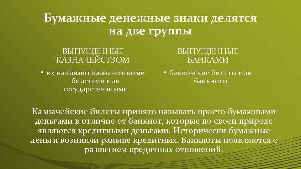 Бумажные денежные знаки делятся на две группы ВЫПУЩЕННЫЕ КАЗНАЧЕЙСТВОМ ВЫПУЩЕННЫЕ БАНКАМИ • их называют
