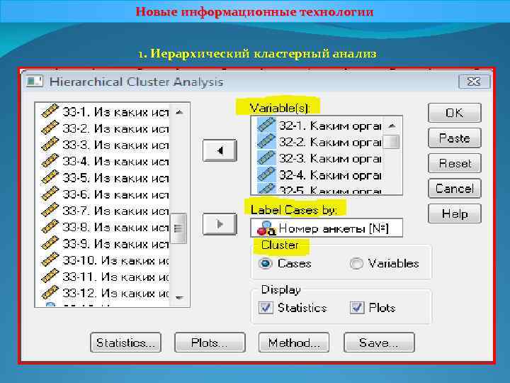 Новые информационные технологии 1. Иерархический кластерный анализ 