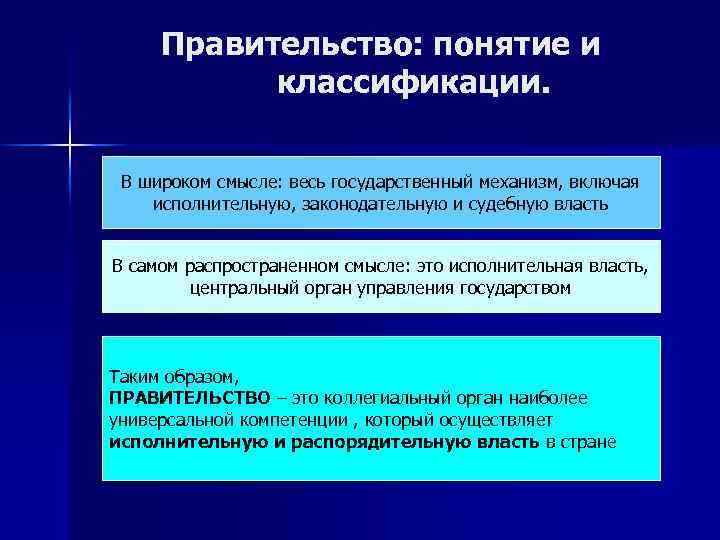 Правительство: понятие и классификации. В широком смысле: весь государственный механизм, включая исполнительную, законодательную и