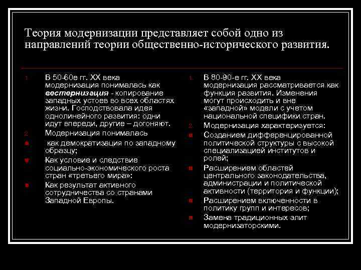 Процесс модернизации в истории. Теория модернизации. История модернизационной теории. Сущность теории модернизации. Модернизационная концепция истории.