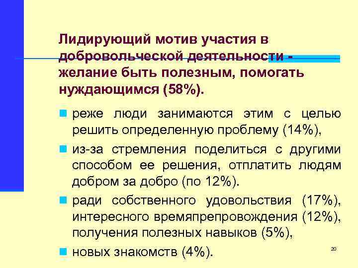 Лидирующий мотив участия в добровольческой деятельности желание быть полезным, помогать нуждающимся (58%). n реже