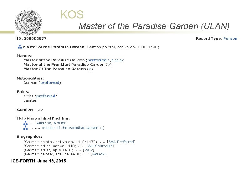 KOS Master of the Paradise Garden (ULAN) ICS-FORTH June 18, 2015 