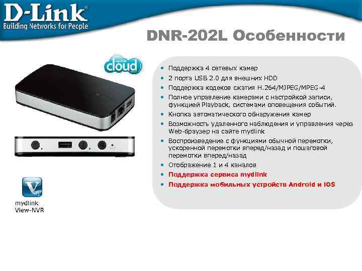DNR-202 L Особенности • Поддержка 4 сетевых камер • 2 порта USB 2. 0