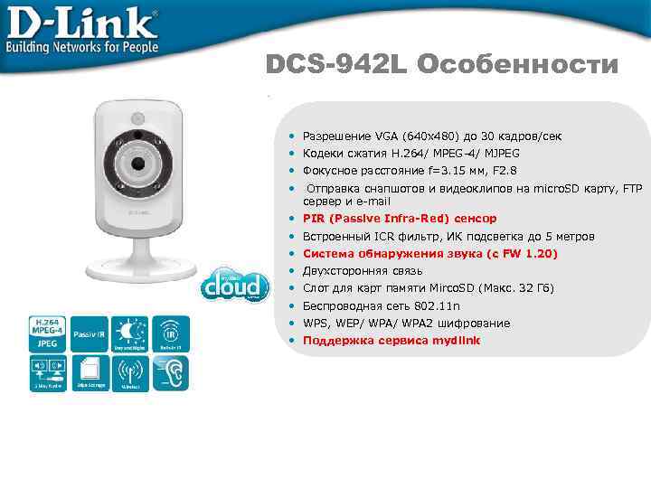 DCS-942 L Особенности • Разрешение VGA (640 х480) до 30 кадров/сек • Кодеки сжатия