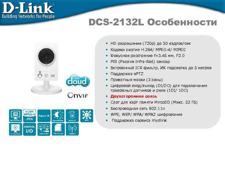 DCS-2132 L Особенности • HD разрешение (720 p) до 30 кадров/сек • Кодеки сжатия