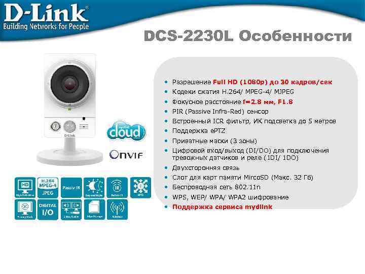 DCS-2230 L Особенности • Разрешение Full HD (1080 p) до 30 кадров/сек • Кодеки