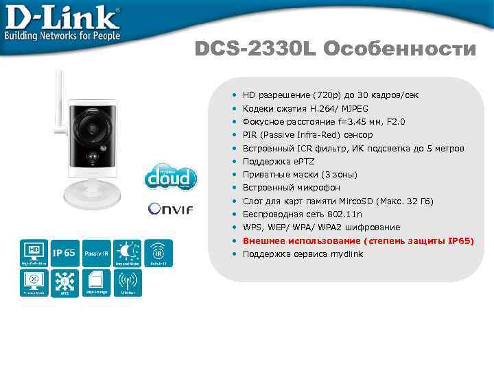 DCS-2330 L Особенности • HD разрешение (720 p) до 30 кадров/сек • Кодеки сжатия