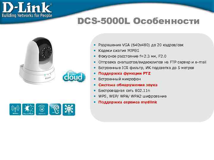 DCS-5000 L Особенности • Разрешение VGA (640 х480) до 20 кадров/сек • Кодеки сжатия
