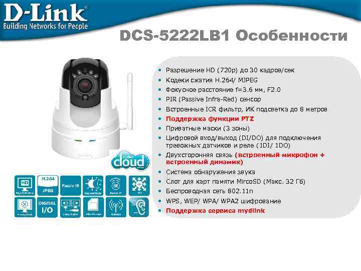 DCS-5222 LB 1 Особенности • Разрешение HD (720 p) до 30 кадров/сек • Кодеки