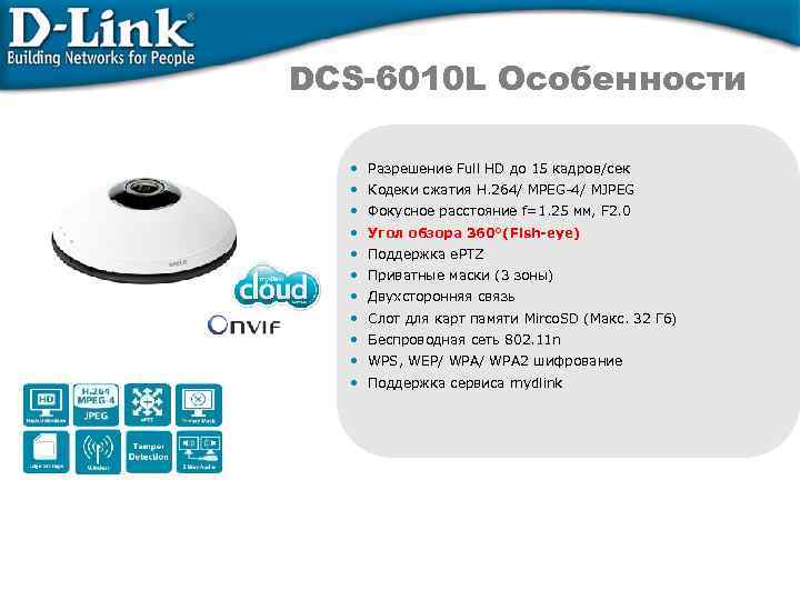 DCS-6010 L Особенности • Разрешение Full HD до 15 кадров/сек • Кодеки сжатия H.