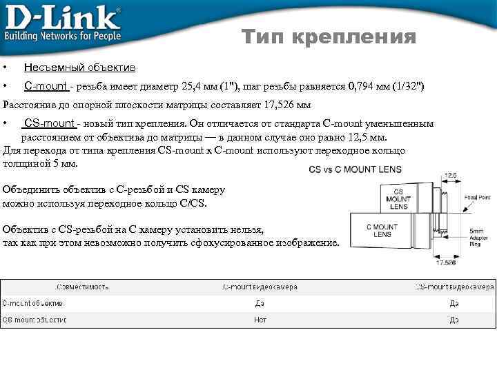 Тип крепления • Несъемный объектив • С-mount - резьба имеет диаметр 25, 4 мм