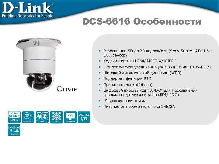 DCS-6616 Особенности • Разрешение SD до 30 кадров/сек (Sony Super HAD-II ¼” CCD сенсор)