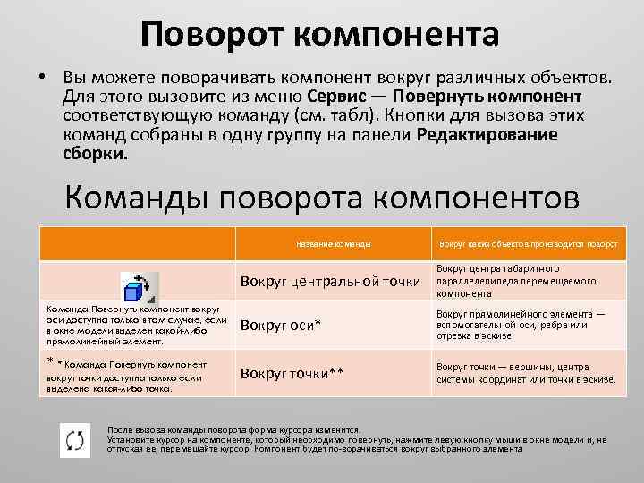 Поворот компонента • Вы можете поворачивать компонент вокруг различных объектов. Для этого вызовите из