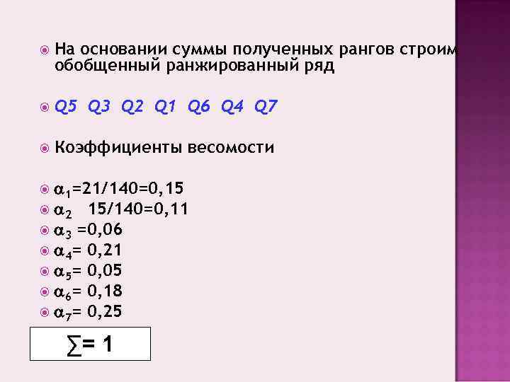  На основании суммы полученных рангов строим обобщенный ранжированный ряд Q 5 Q 3